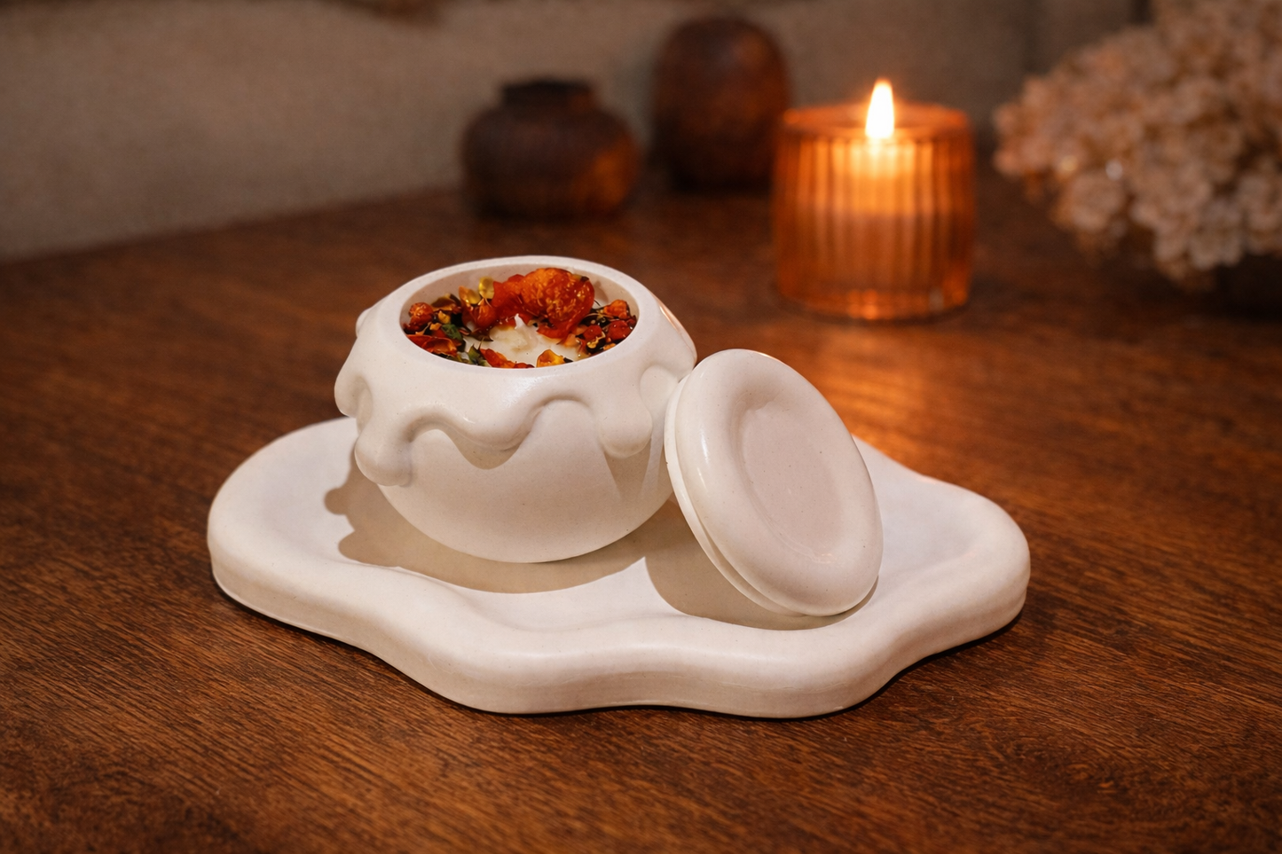 Honingdruppel Kaars Set – Handgemaakte ca. 100 gram  met Golvende Schaal